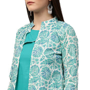 Blue printed sleeveless cotton double layer kurta