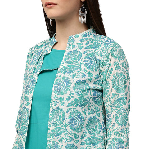 Blue printed sleeveless cotton double layer kurta