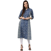 Blue printed 3/4th sleeve cotton A-line kurta