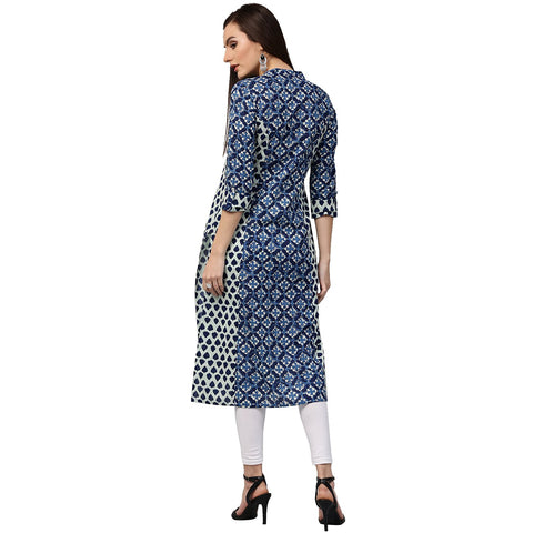Blue printed 3/4th sleeve cotton A-line kurta