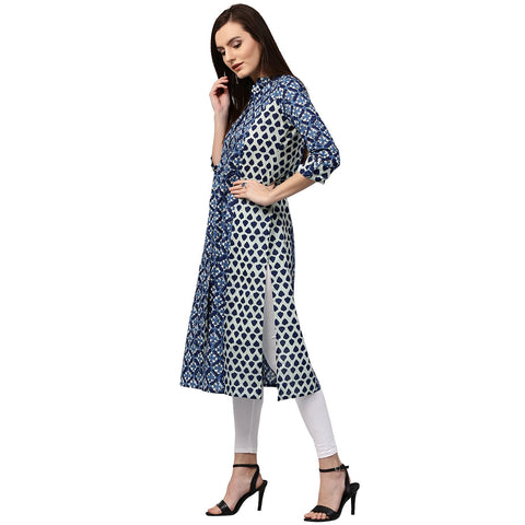Blue printed 3/4th sleeve cotton A-line kurta
