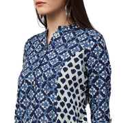 Blue printed 3/4th sleeve cotton A-line kurta