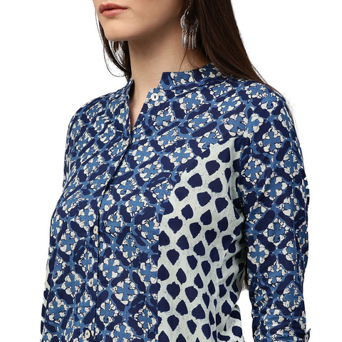 Blue printed 3/4th sleeve cotton A-line kurta