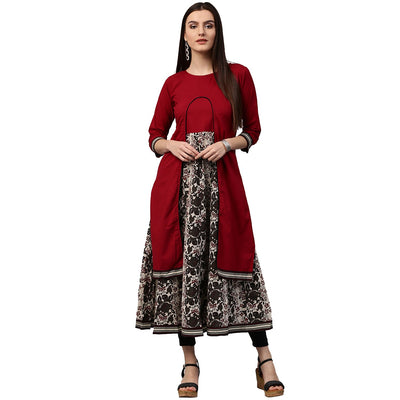 Maroon & white printed 3/4th sleeve cotton double layer kurta