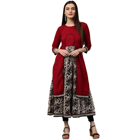 Maroon & white printed 3/4th sleeve cotton double layer kurta