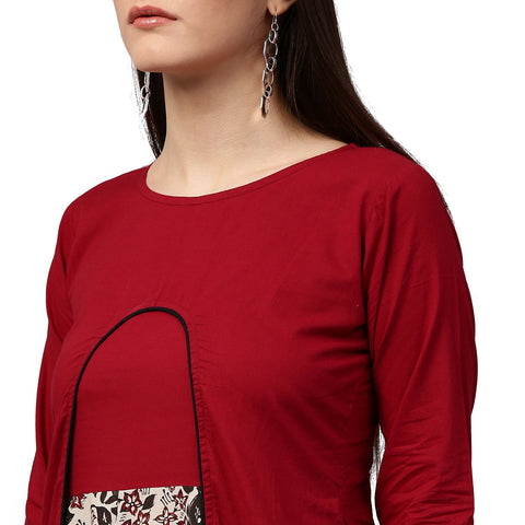 Maroon & white printed 3/4th sleeve cotton double layer kurta