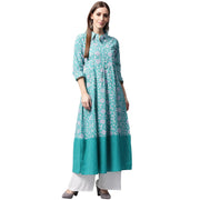Blue printed 3/4th sleeve cotton A-line kurta