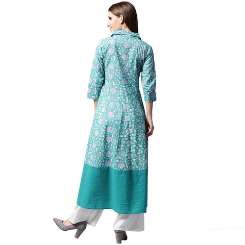 Blue printed 3/4th sleeve cotton A-line kurta
