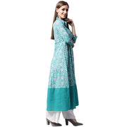 Blue printed 3/4th sleeve cotton A-line kurta