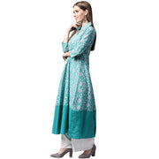 Blue printed 3/4th sleeve cotton A-line kurta