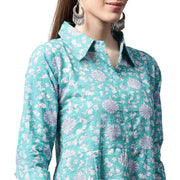 Blue printed 3/4th sleeve cotton A-line kurta
