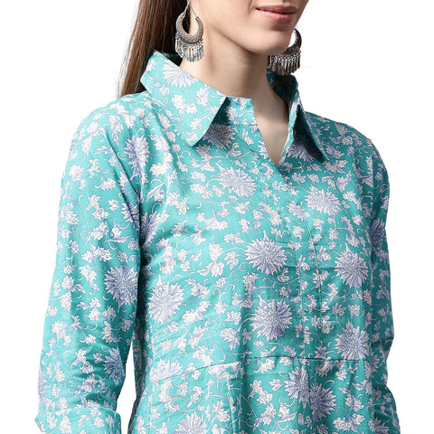 Blue printed 3/4th sleeve cotton A-line kurta