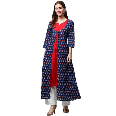 Blue printed 3/4th sleeve cotton A-line double layer kurta