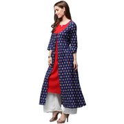 Blue printed 3/4th sleeve cotton A-line double layer kurta