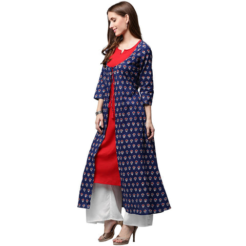Blue printed 3/4th sleeve cotton A-line double layer kurta
