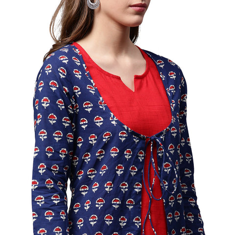Blue printed 3/4th sleeve cotton A-line double layer kurta