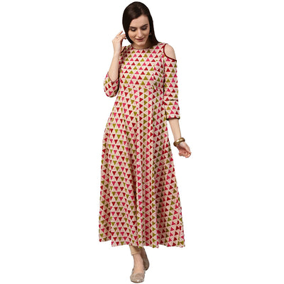 White printed 3/4th sleeve cold shoulder 3/4th sleeve cotton Anarkali kurta