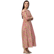 White printed 3/4th sleeve cold shoulder 3/4th sleeve cotton Anarkali kurta