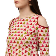 White printed 3/4th sleeve cold shoulder 3/4th sleeve cotton Anarkali kurta