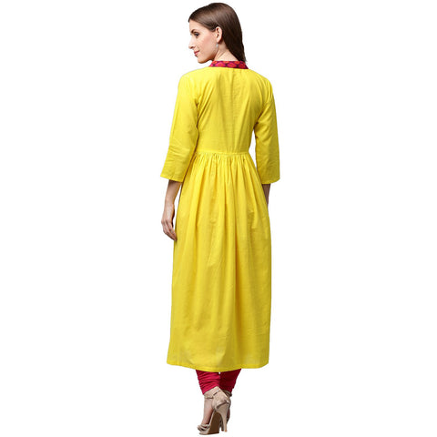 Yellow 3/4th sleeve cotton Anarkali kurta