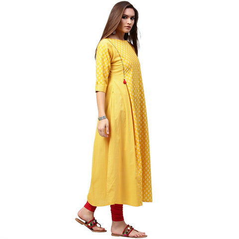 Yellow printed 3/4th Sleeve Cotton A-line kurta