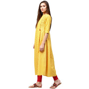 Yellow printed 3/4th Sleeve Cotton A-line kurta
