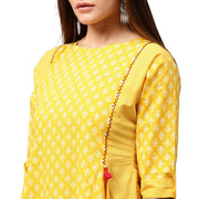 Yellow printed 3/4th Sleeve Cotton A-line kurta