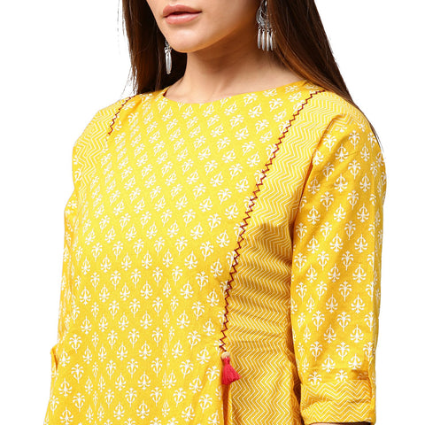 Yellow printed 3/4th Sleeve Cotton A-line kurta