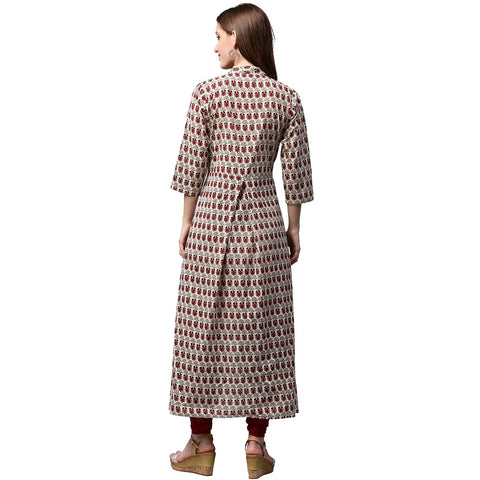 Off white and maroon printed 3/4th sleeve cotton A-line kurta