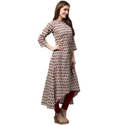 Off white and maroon printed 3/4th sleeve cotton A-line kurta