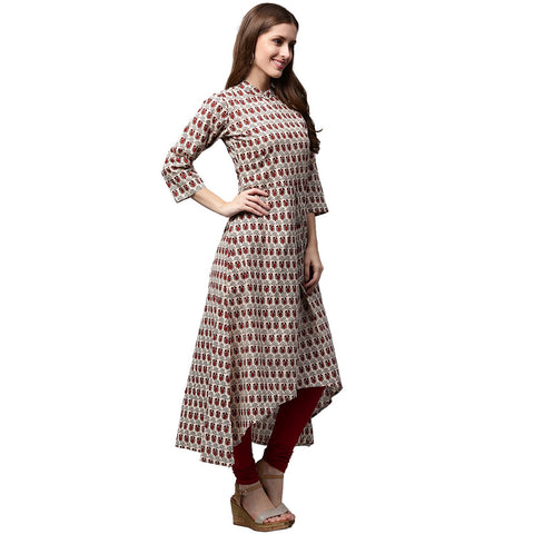 Off white and maroon printed 3/4th sleeve cotton A-line kurta