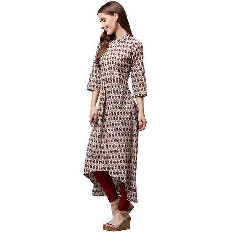 Off white and maroon printed 3/4th sleeve cotton A-line kurta