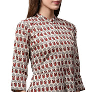 Off white and maroon printed 3/4th sleeve cotton A-line kurta