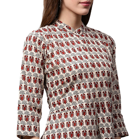 Off white and maroon printed 3/4th sleeve cotton A-line kurta