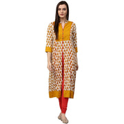 Yellow printed 3/4th Sleeve Cotton A-line kurta