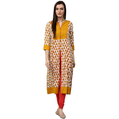 Yellow printed 3/4th Sleeve Cotton A-line kurta