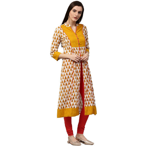 Yellow printed 3/4th Sleeve Cotton A-line kurta