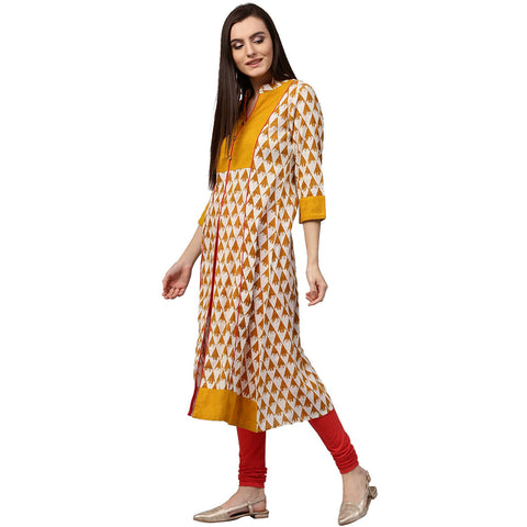 Yellow printed 3/4th Sleeve Cotton A-line kurta