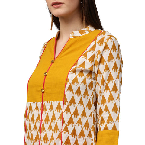 Yellow printed 3/4th Sleeve Cotton A-line kurta