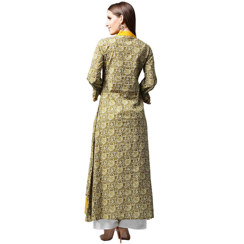Yellow & Green printed 3/4th sleeve Cotton double layer A-line kurta