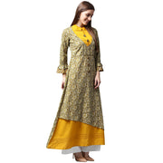 Yellow & Green printed 3/4th sleeve Cotton double layer A-line kurta
