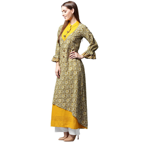 Yellow & Green printed 3/4th sleeve Cotton double layer A-line kurta