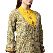 Yellow & Green printed 3/4th sleeve Cotton double layer A-line kurta