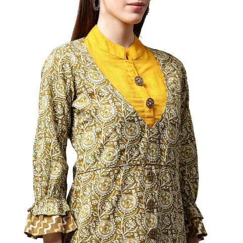 Yellow & Green printed 3/4th sleeve Cotton double layer A-line kurta