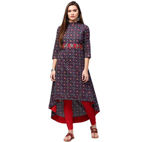 Blue printed 3/4th Sleeve Low high A-line kurta