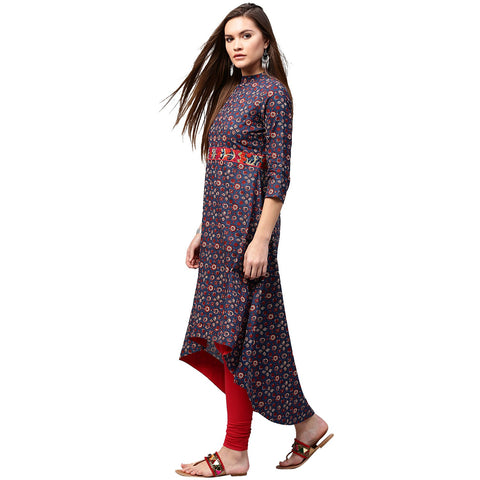 Blue printed 3/4th Sleeve Low high A-line kurta