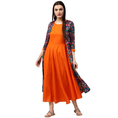 Blue & Orange printed 3/4th sleeve Cotton double layer A-line kurta