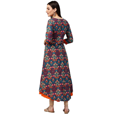 Blue & Orange printed 3/4th sleeve Cotton double layer A-line kurta