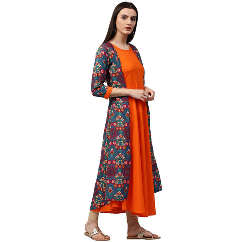 Blue & Orange printed 3/4th sleeve Cotton double layer A-line kurta