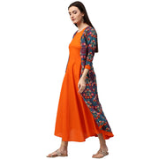 Blue & Orange printed 3/4th sleeve Cotton double layer A-line kurta